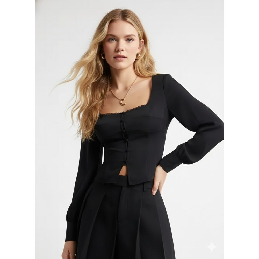 New Matte Satin Corset Top S Womens Nordstrom Open Edit Black Long Sleeve Shirt